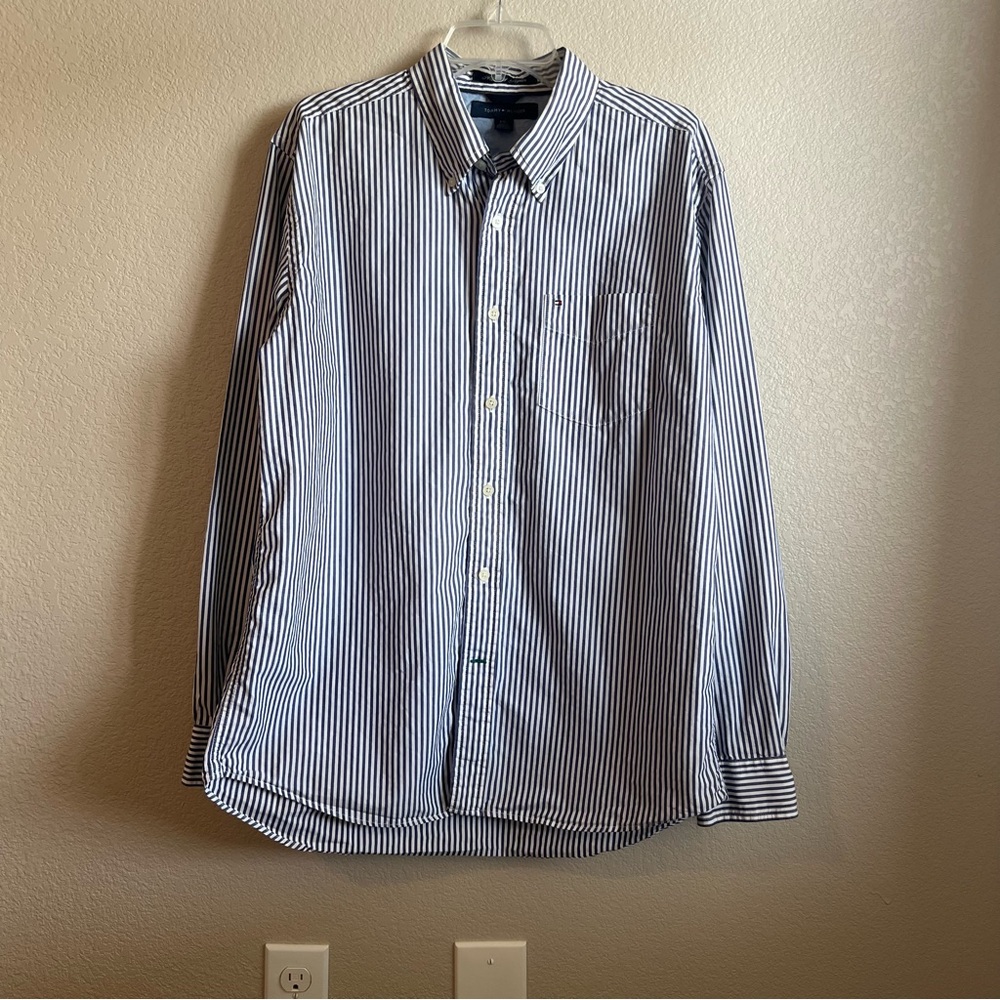 Tommy Hilfiger Academy Poplin Classic Blue and White Striped Men's Shirt Large